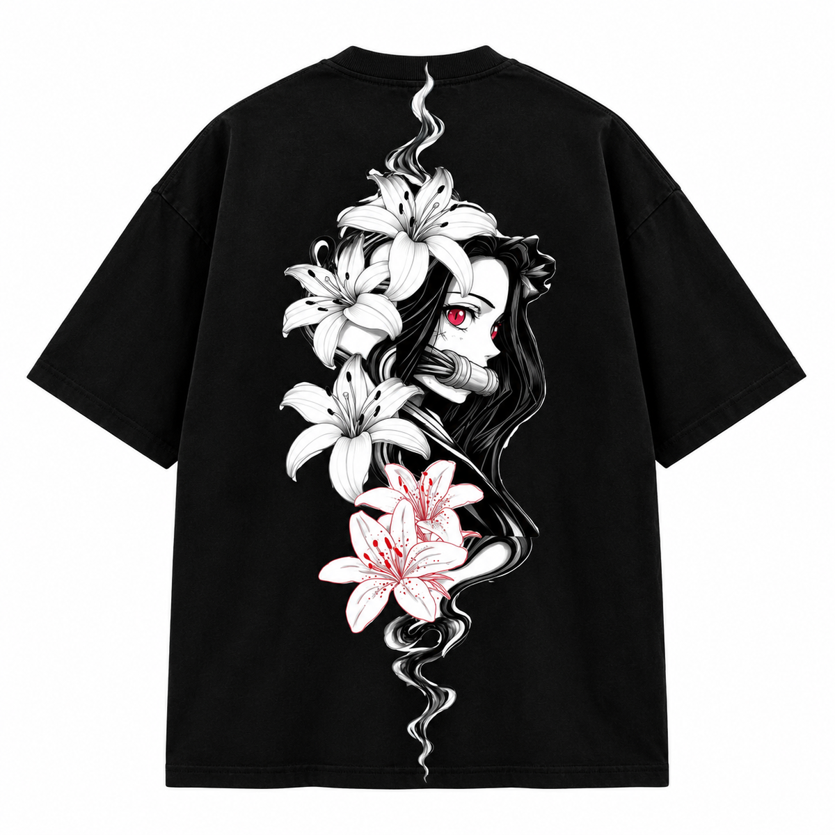 A black oversized short-sleeve t-shirt shown from the back, featuring a large graphic print of a stylized anime character with long black hair, red eyes, white and pink lilies, and swirling smoke details.