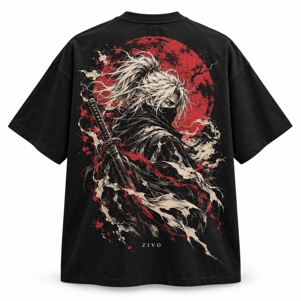 ZIVO Crimson Ronin black T-shirt back with a large crimson and ivory anime DTF print