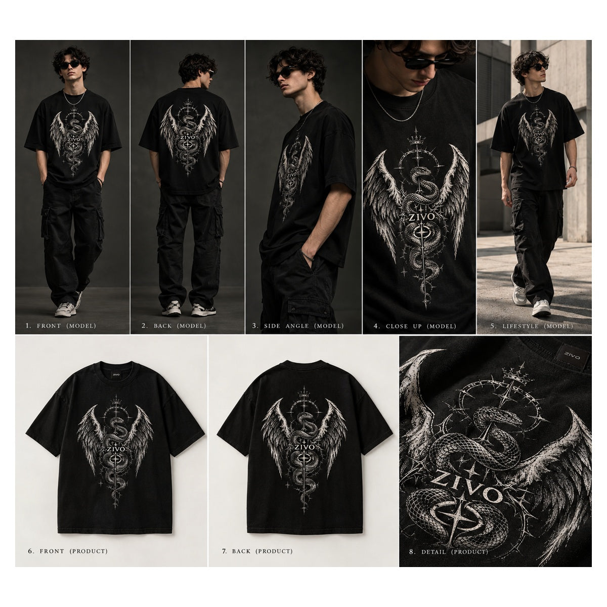 ZIVO Gothic Serpent Wings Tattoo Tee — 5 angles and product views