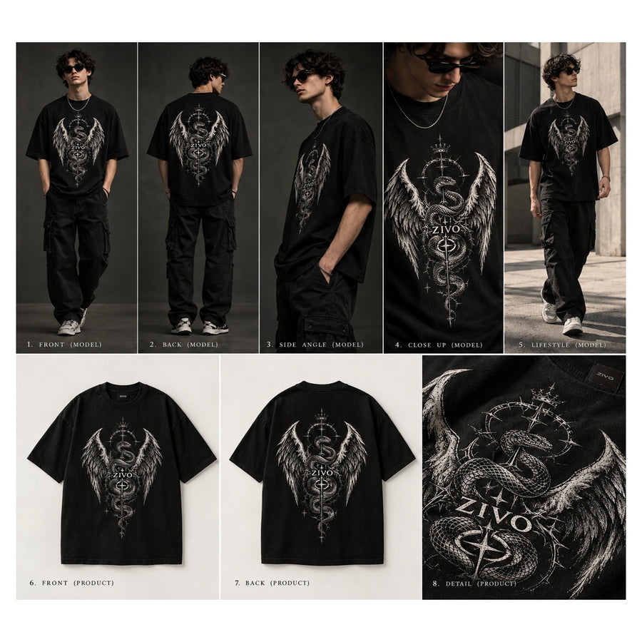 ZIVO Gothic Serpent Wings Tattoo Tee — 5 angles and product views
