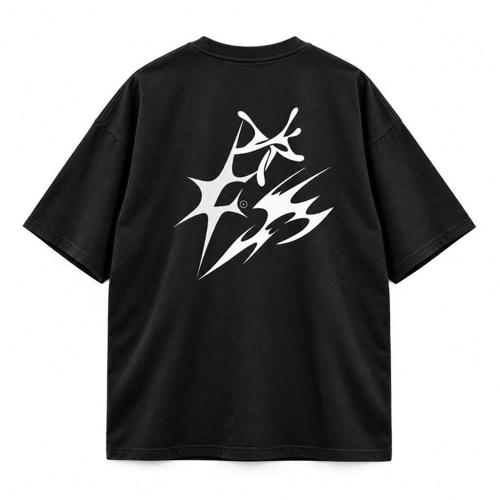 Back view black oversized T-shirt with white tribal sigil