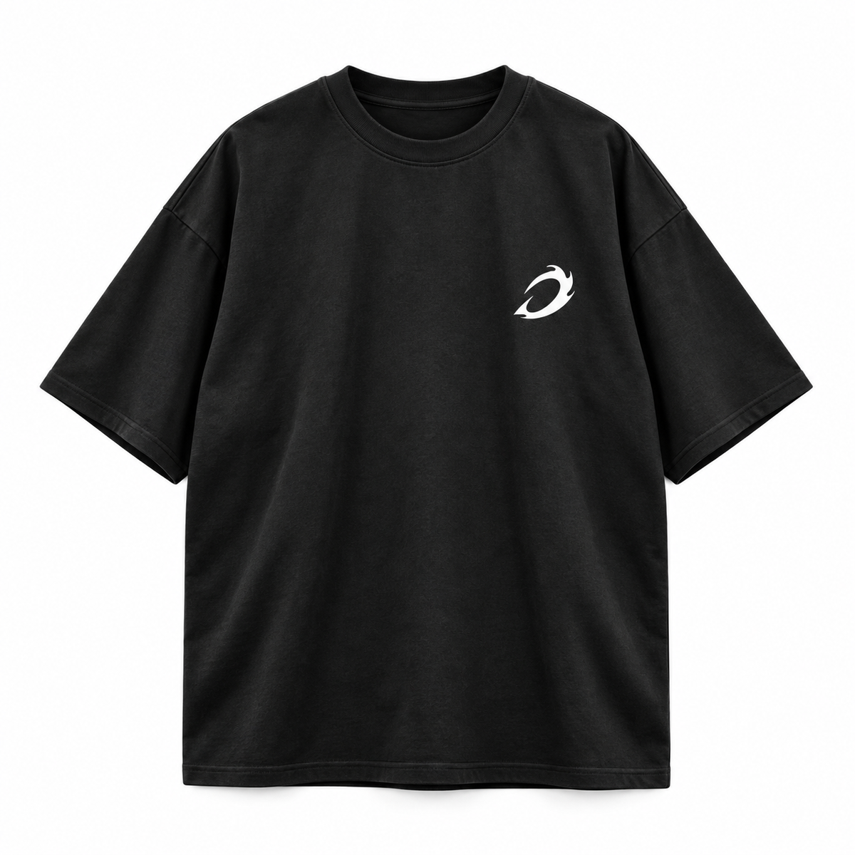 Front view black oversized T-shirt with white chest emblem