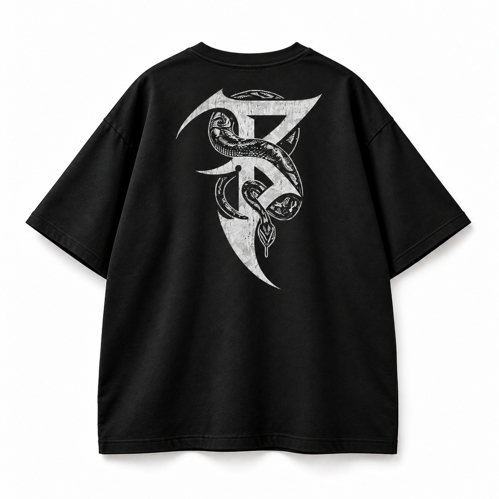 Back view silver serpent sigil graphic