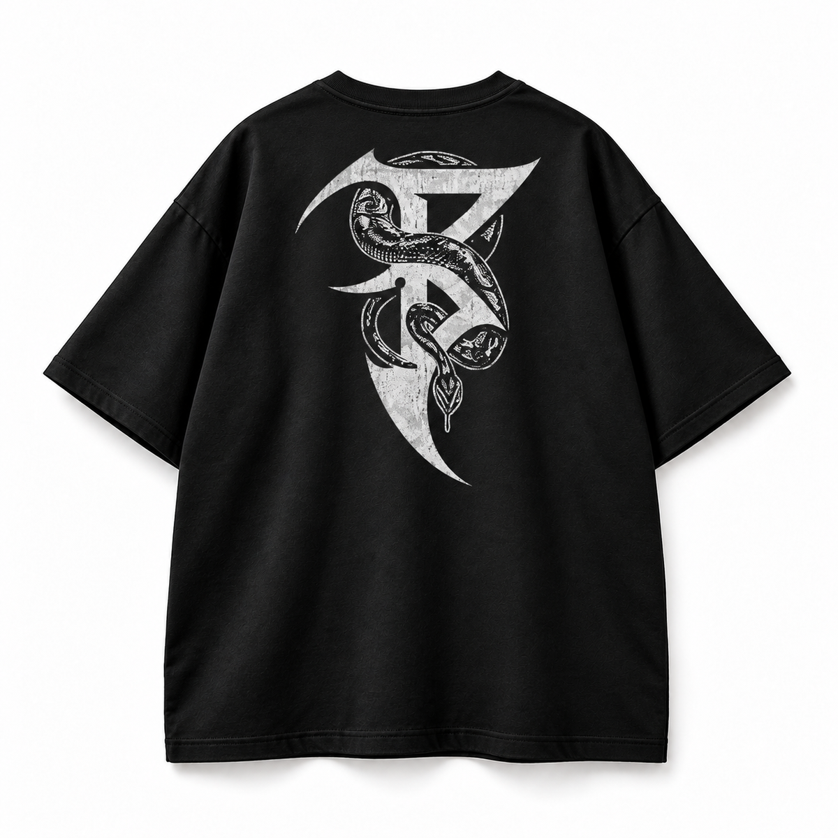 Back view silver serpent sigil graphic