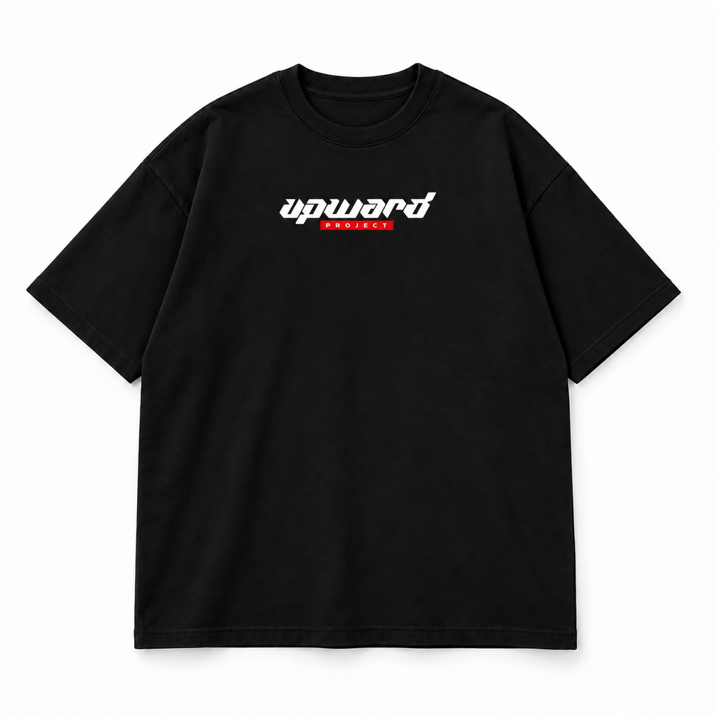 Front view: Upward Project print on black oversized T-shirt