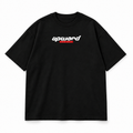Front view: Upward Project print on black oversized T-shirt