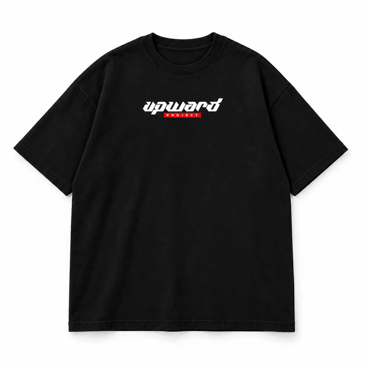 Front view: Upward Project print on black oversized T-shirt