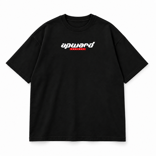 Front view: Upward Project print on black oversized T-shirt